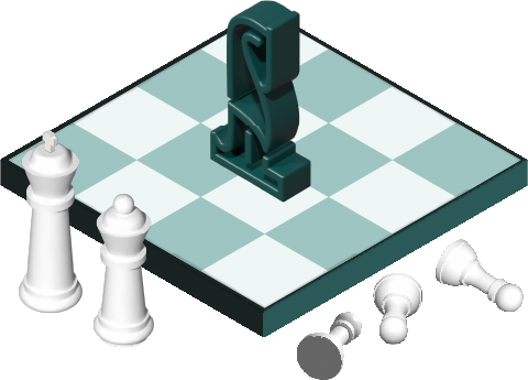 3D Grafik eines Schachfelds mit Logo von Sepeur Strategies und weiteren Schachfiguren am Rand